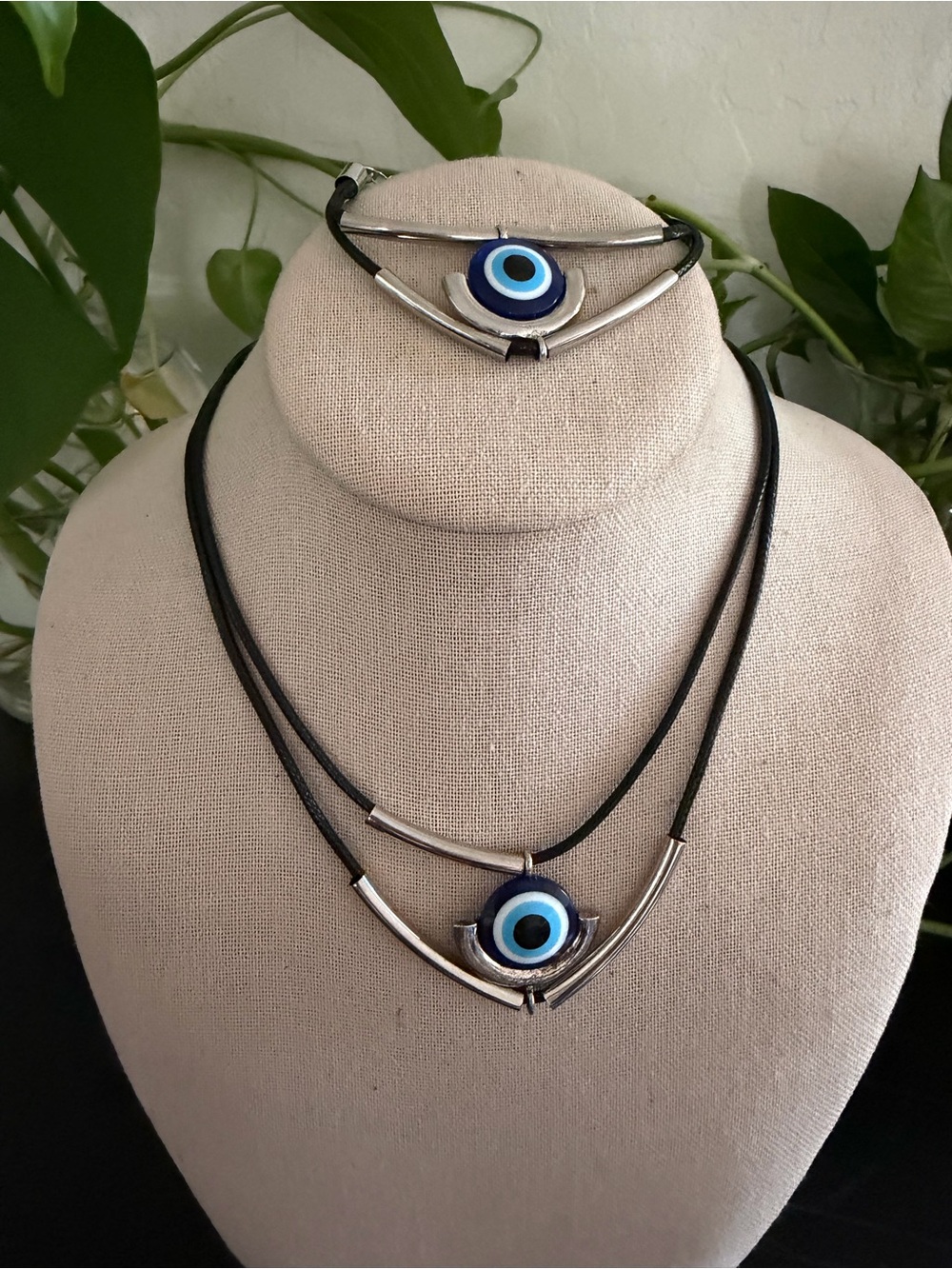 Vintage 90’s Y2K Blue Evil Eye Black Layered Leather Necklace & Bracelet Set